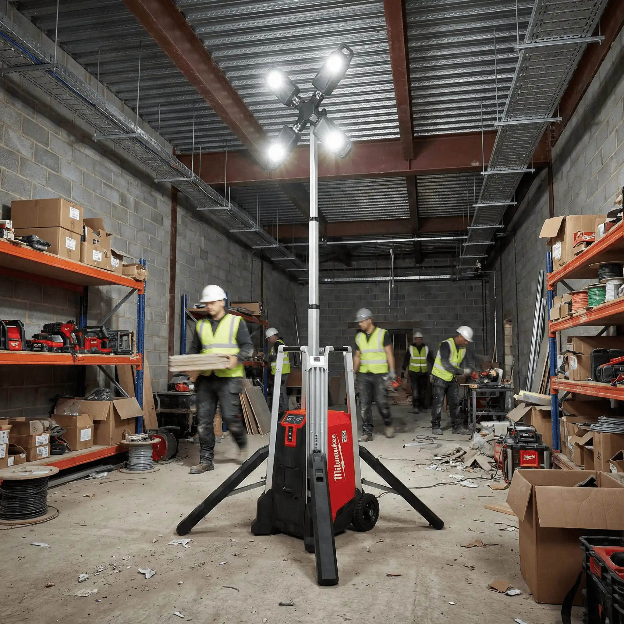 Rechargeable Lighting Tower Hire London | Milwaukee MX FUEL 3.1m LED Work Tower (27,000 Lumens) 1 Milwaukee MX FUEL LED lighting tower illuminating an indoor construction site with workers and materials - Lighting Tower Hire London | Powerful Milwaukee MX FUEL 3.1m Work Tower 27,000 Lumens