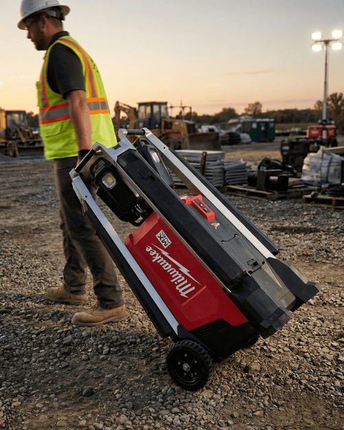 Rechargeable Lighting Tower Hire London | Milwaukee MX FUEL 3.1m LED Work Tower (27,000 Lumens) 7 Construction worker wheeling a folded Milwaukee MX FUEL lighting tower across a rough jobsite