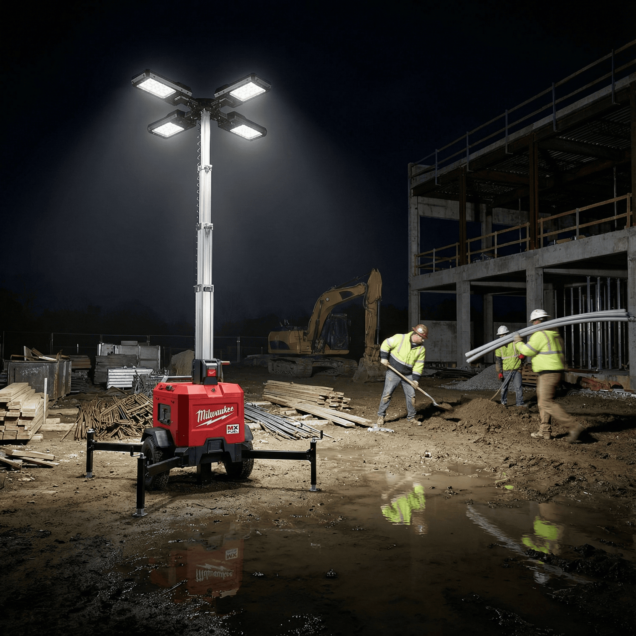 Rechargeable Lighting Tower Hire London | Milwaukee MX FUEL 3.1m LED Work Tower (27,000 Lumens) 3 Milwaukee MX FUEL 3.1m lighting tower lighting up a night-time outdoor construction site.