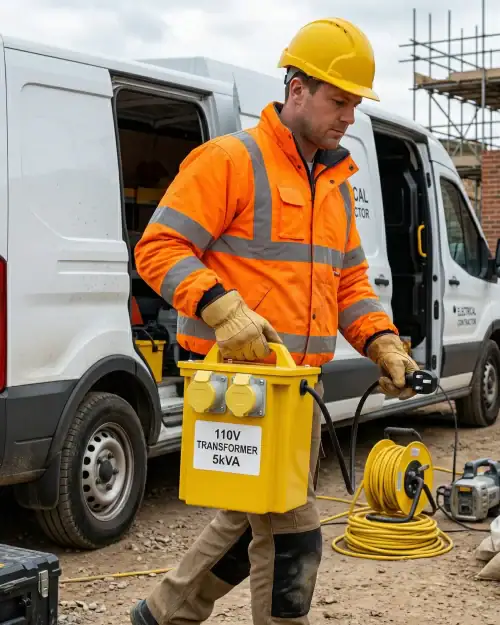 Worker in hard hat unloading 5kVA 110V site transformer from delivery van on construction site