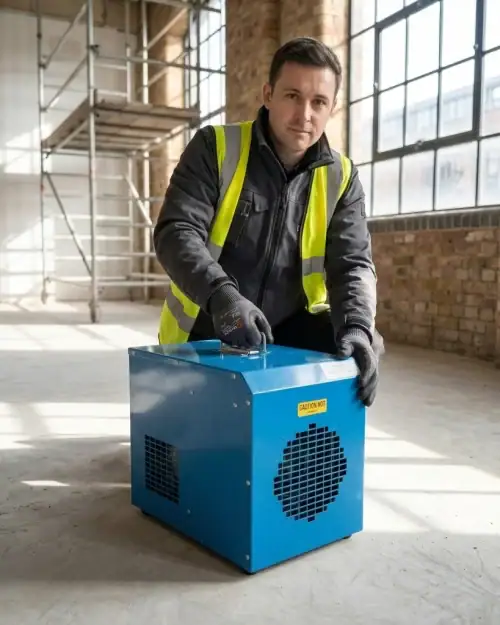 3kW 110v Fan Heater Hire London | 110V 32A Industrial Site Heater 10 110V 3kW fan heater hire – product shot with yellow site cable and blue 16A plug on white background Caption: Supplied complete with 110V yellow site cable and 16A blue plug