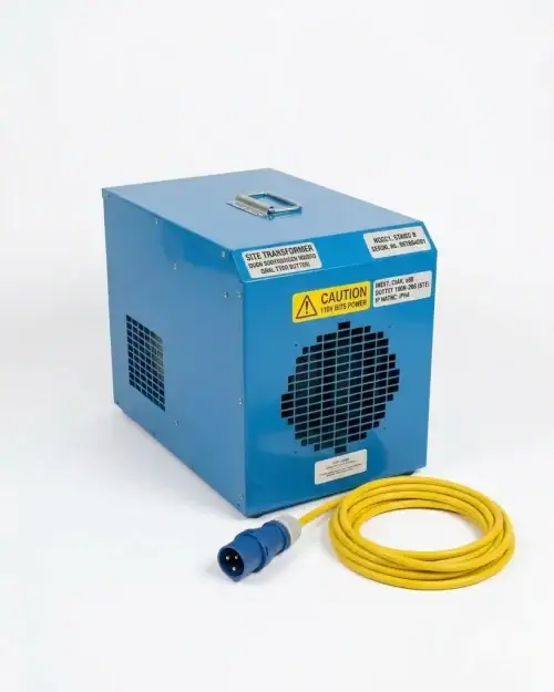 110V fan heater hire London – site heater on construction floor with yellow 110V lead