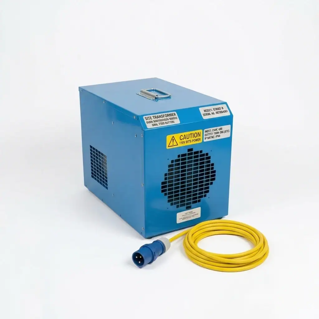 3kW 110v Fan Heater Hire London | 110V 32A Industrial Site Heater 2 110V fan heater hire London – site heater on construction floor with yellow 110V lead
