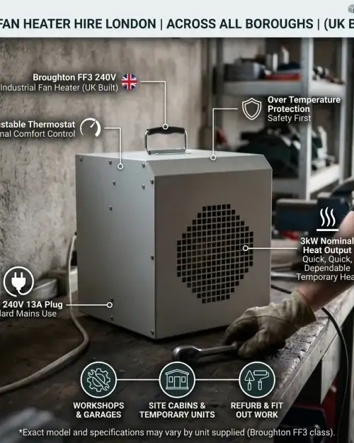 Broughton FF3 240V 3kW fan heater hire London – features infographic showing thermostat, overheat protection and heat output