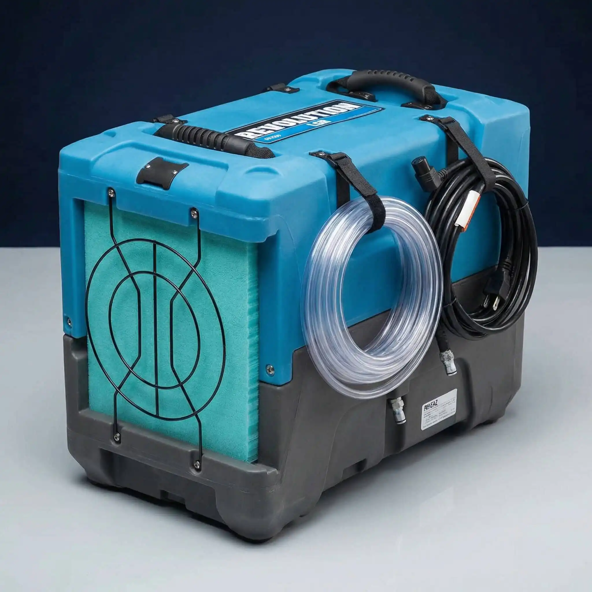 Industrial Dehumidifier Hire London | 230V Low Grain (LGR) Building Dryer (63L) 2 Dri-Eaz Revolution LGR industrial dehumidifier with drainage hose and power cable for building drying hire