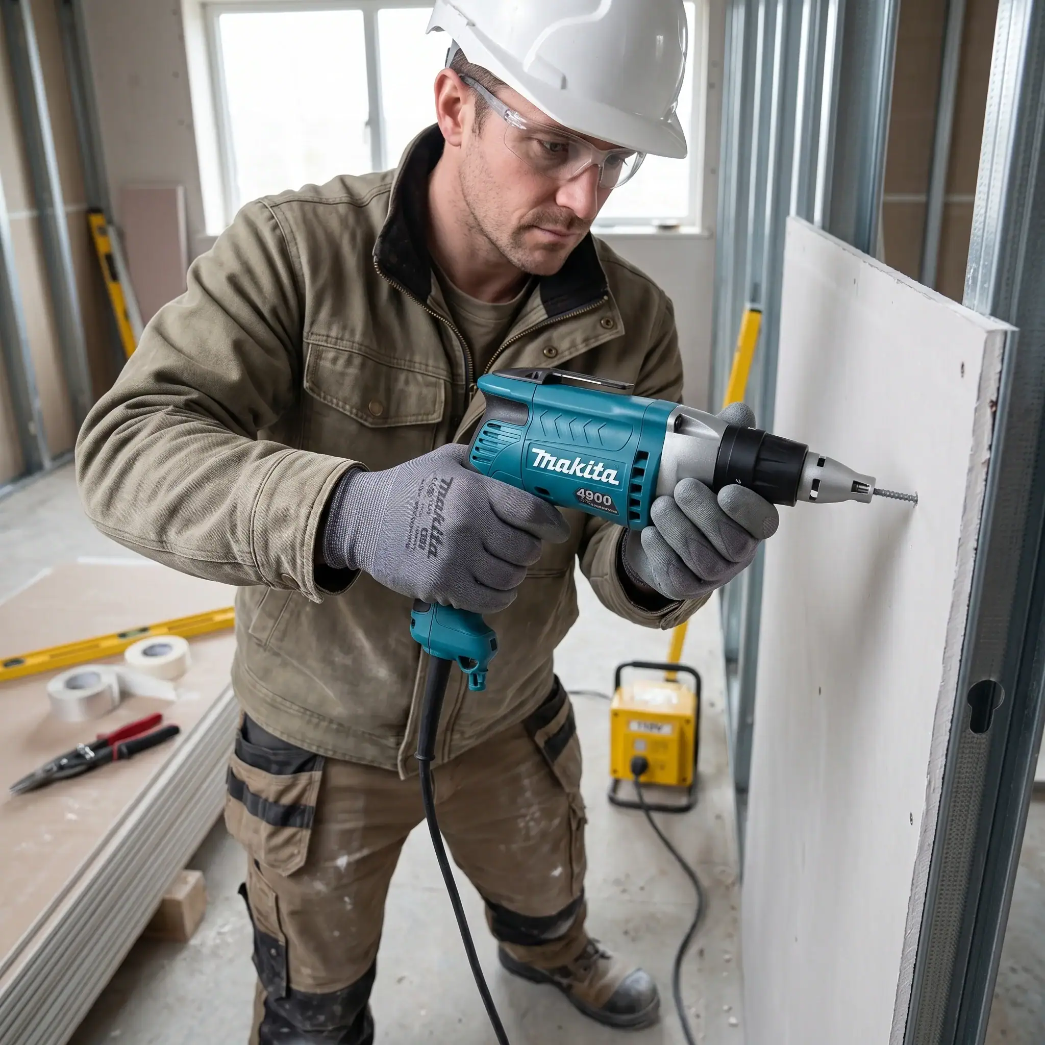 Drywall Screwdriver Hire London | Makita 110V Dry Lining Screw Gun 2 Contractor in hard hat using Makita 110V drywall screwdriver to fix plasterboard on dry lining installation site