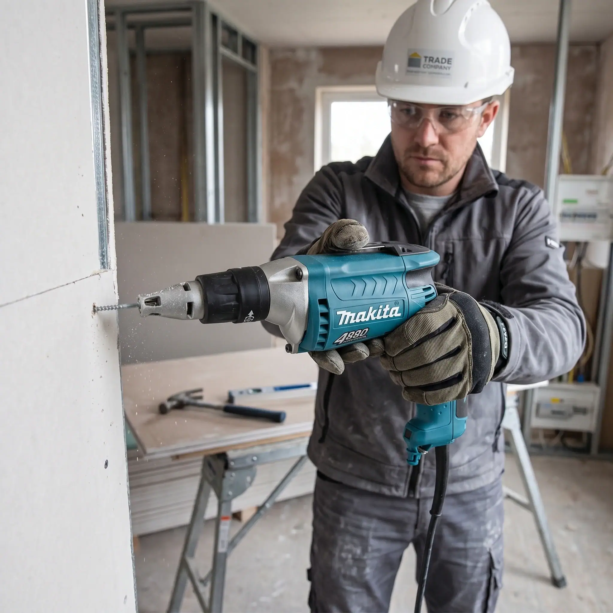 Drywall Screwdriver Hire London | Makita 110V Dry Lining Screw Gun 5 Trade installer screwing plasterboard to wall frame using Makita dry lining screw gun on active construction site