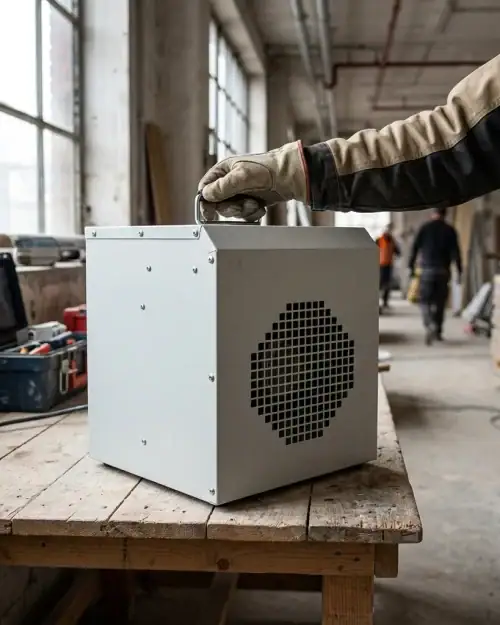 3kW Fan Heater Hire London | Broughton Industrial 240V (UK Built) 10 240V 3kW fan heater hire London – operative placing unit on workbench on active construction site Caption: Compact footprint – sits on a workbench, shelf, or floor equally well