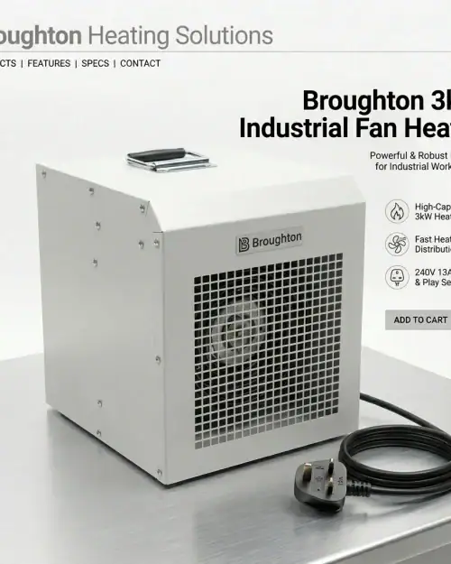3kW Fan Heater Hire London | Broughton Industrial 240V (UK Built) 11 Broughton 3kW 240V fan heater hire – product shot with standard 13A mains plug and cable
