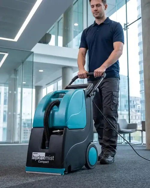 Brush Type Carpet Cleaner Hire London | Truvox Hydromist Compact HC250 (240V) 14 Brush type carpet cleaner hire London – man operating Truvox Hydromist Compact HC250 for deep carpet cleaning in modern office building