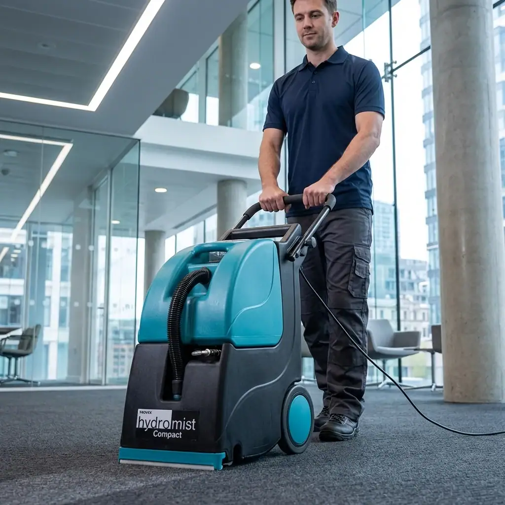 Brush Type Carpet Cleaner Hire London | Truvox Hydromist Compact HC250 (240V) 7 Brush type carpet cleaner hire London – man operating Truvox Hydromist Compact HC250 for deep carpet cleaning in modern office building