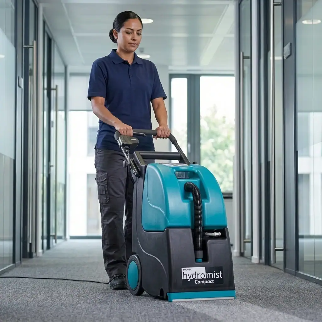 Brush Type Carpet Cleaner Hire London | Truvox Hydromist Compact HC250 (240V) 4 Brush type carpet cleaner hire London – professional cleaner operating Truvox Hydromist Compact HC250 in commercial building corridor