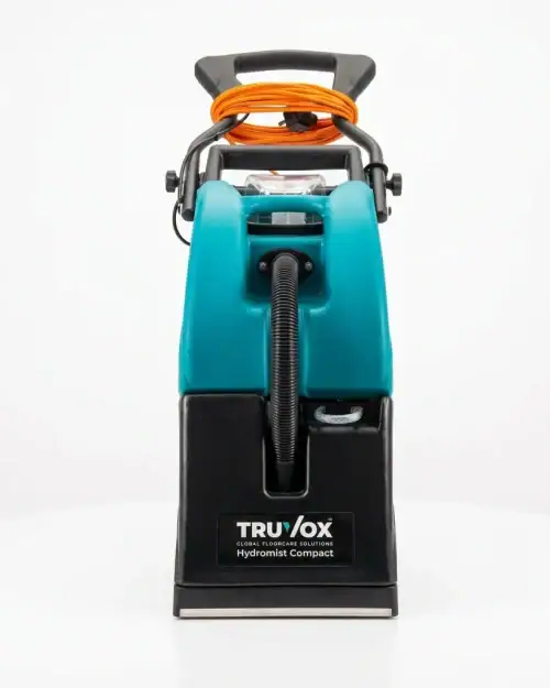 Brush Type Carpet Cleaner Hire London | Truvox Hydromist Compact HC250 (240V) 13 Truvox Hydromist Compact HC250 brush type carpet cleaner hire London – top view showing hose and handle assembly