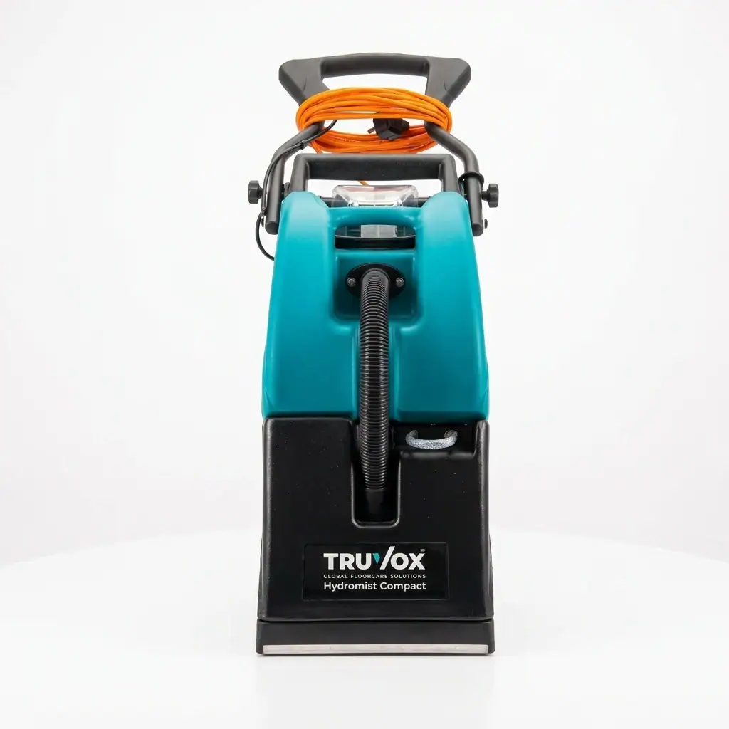 Brush Type Carpet Cleaner Hire London | Truvox Hydromist Compact HC250 (240V) 6 Truvox Hydromist Compact HC250 brush type carpet cleaner hire London – top view showing hose and handle assembly