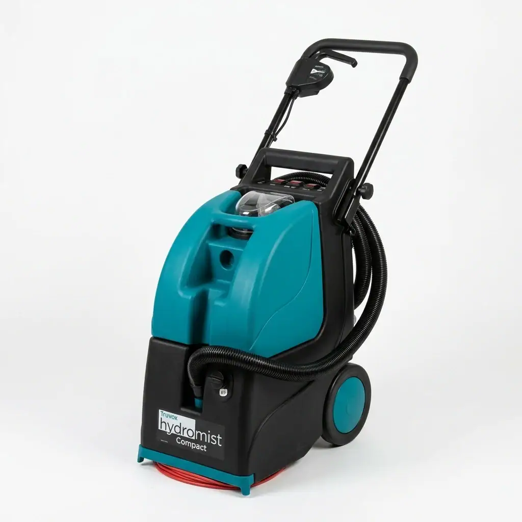 Brush Type Carpet Cleaner Hire London | Truvox Hydromist Compact HC250 (240V) 2 Truvox Hydromist Compact HC250 carpet cleaner hire London – control panel and brush assembly detail view
