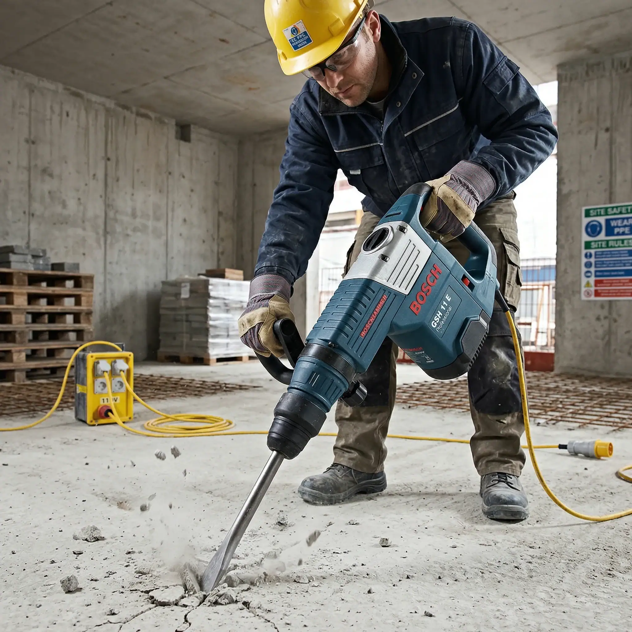 Medium Breaker Hire London | Bosch GSH 11 E SDS Max Demolition Hammer 3 Worker using Bosch GSH 11 E medium breaker with 110V site-safe transformer on construction site with safety board visible