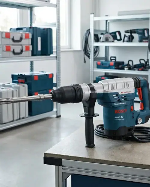 Medium Breaker Hire London | Bosch GSH 11 E SDS Max Demolition Hammer 14 Bosch GSH 11 E SDS Max demolition hammer product shot on workshop bench with carry case and flat chisel accessory