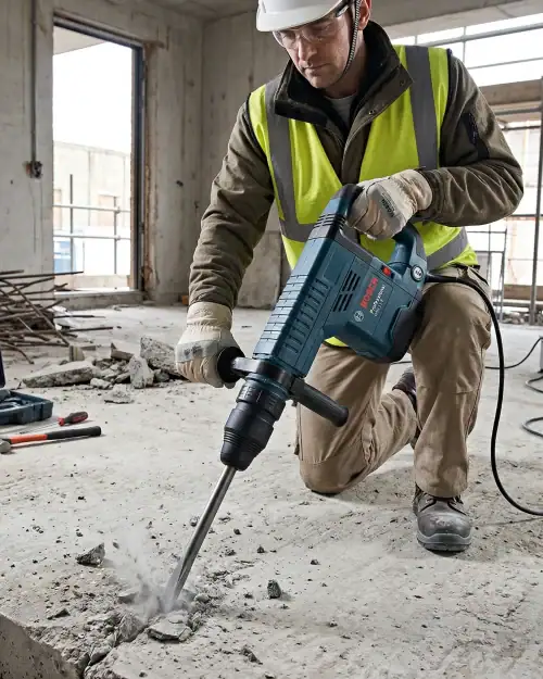 Medium Breaker Hire London | Bosch GSH 11 E SDS Max Demolition Hammer 15 Construction worker in hi-vis breaking up concrete floor with Bosch electric medium breaker on London building site