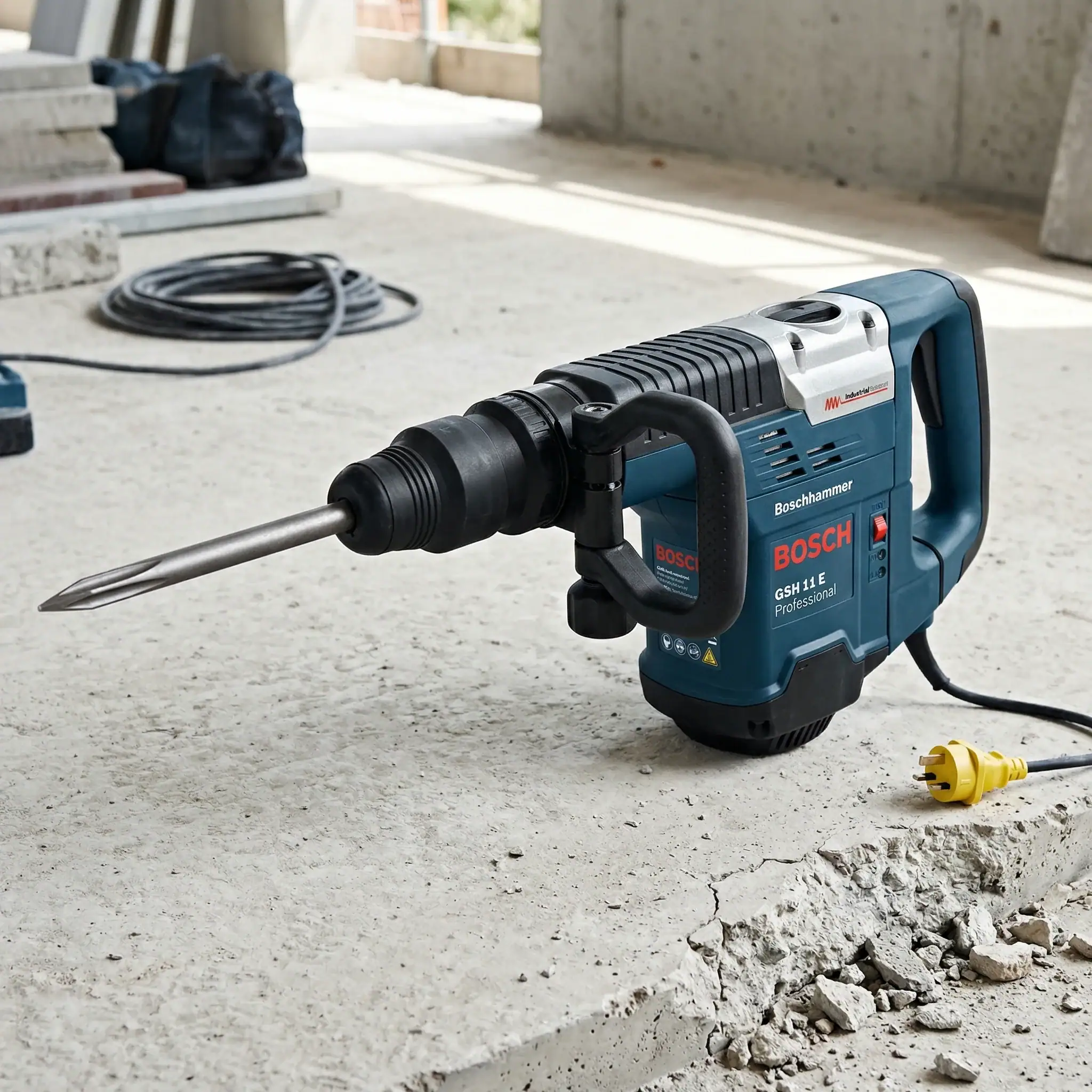 Medium Breaker Hire London | Bosch GSH 11 E SDS Max Demolition Hammer 6 Bosch GSH 11 E SDS Max breaker with pointed chisel bit on concrete floor ready for demolition work on London construction site