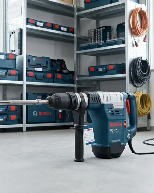 Medium Breaker Hire London | Bosch GSH 11 E SDS Max Demolition Hammer 17 Bosch GSH 11 E 110V medium breaker with carry case and flat chisel in workshop storage area with equipment shelving