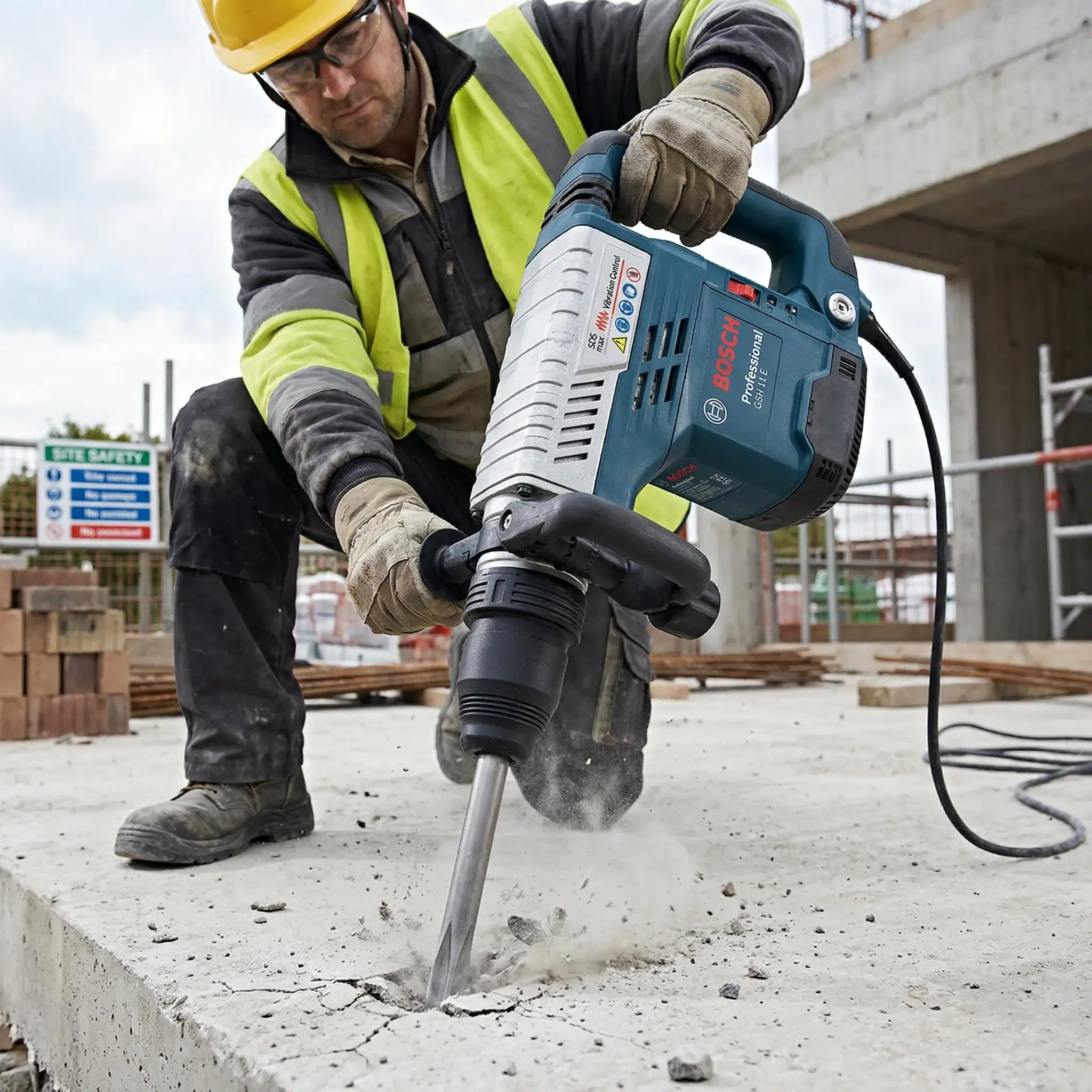 Medium Breaker Hire London | Bosch GSH 11 E SDS Max Demolition Hammer 8 Construction worker in hi-vis jacket using Bosch GSH 11 E medium breaker on site with safety signage in background