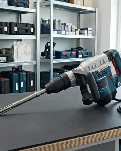 Medium Breaker Hire London | Bosch GSH 11 E SDS Max Demolition Hammer 19 Close-up of Bosch GSH 5 CE Professional demolition hammer in Hireload workshop with storage shelving and equipment cases