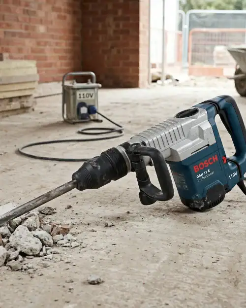 Medium Breaker Hire London | Bosch GSH 11 E SDS Max Demolition Hammer 21 Bosch GSH 11 E 110V site-safe medium breaker on concrete rubble with transformer visible during demolition work