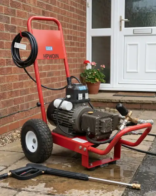 Heavy Duty Pressure Washer Hire London | 240V Cold Water 24 Heavy duty 240V cold water pressure washer hire with jet wash lance and accessories outside a building