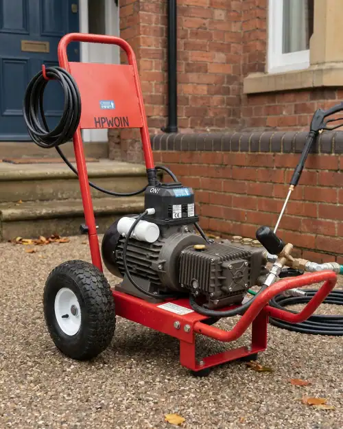 Heavy Duty Pressure Washer Hire London | 240V Cold Water 25 Heavy duty 240V cold water jet wash for commercial use with red frame and high-pressure hose