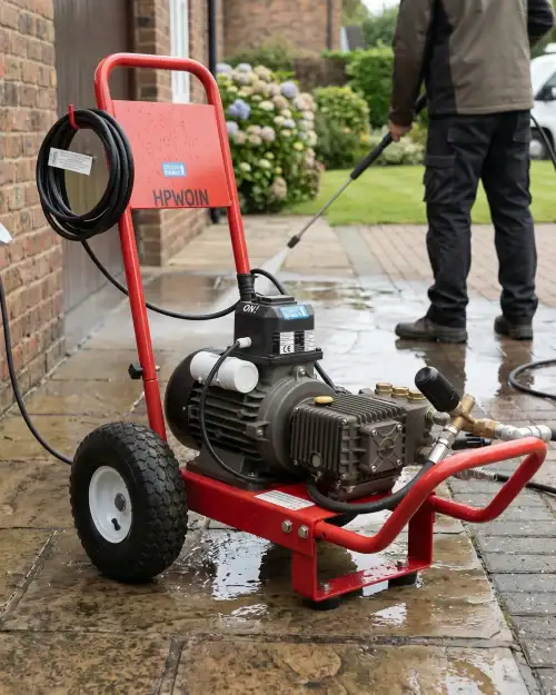 Heavy Duty Pressure Washer Hire London | 240V Cold Water 26 Heavy duty pressure washer hire in use for driveway cleaning with 240V cold water jet wash