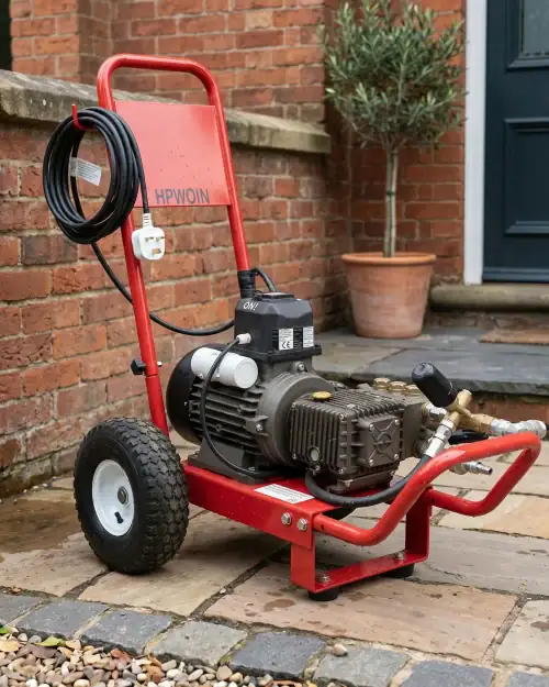 Heavy Duty Pressure Washer Hire London | 240V Cold Water 27 Heavy duty 240V pressure washer positioned by front door ready for residential jet wash cleaning