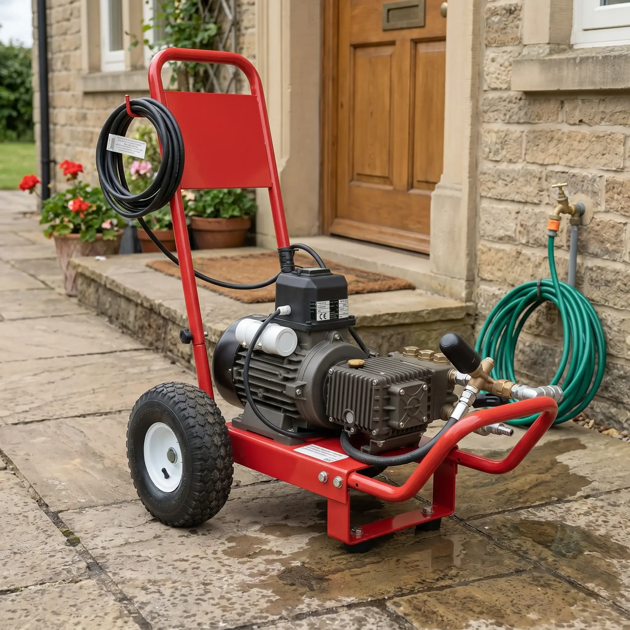 Heavy Duty Pressure Washer Hire London | 240V Cold Water 13 Heavy duty 240V cold water pressure washer connected to garden tap and ready for outdoor cleaning