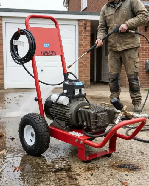Heavy Duty Pressure Washer Hire London | 240V Cold Water 30 Person jet washing outdoor patio surface with heavy duty 240V cold water pressure washer hire