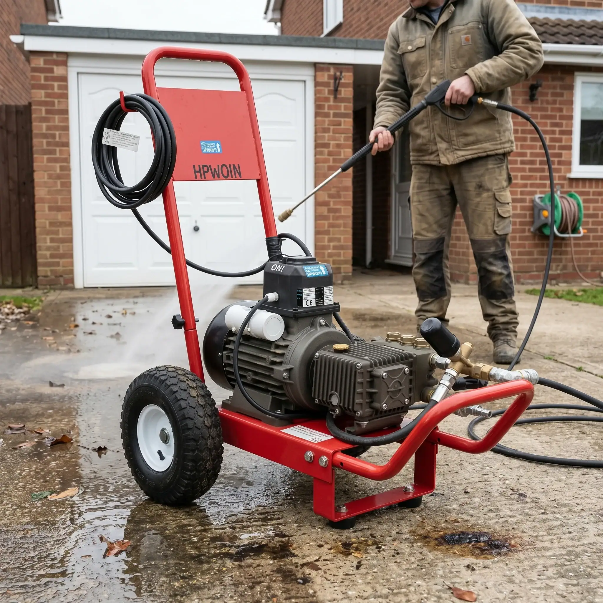 Heavy Duty Pressure Washer Hire London | 240V Cold Water 15 Person jet washing outdoor patio surface with heavy duty 240V cold water pressure washer hire