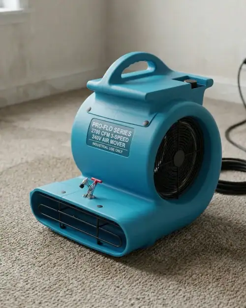 Pro-Flo Series 2700 CFM 3-speed air mover for carpet restoration drying on a property floor