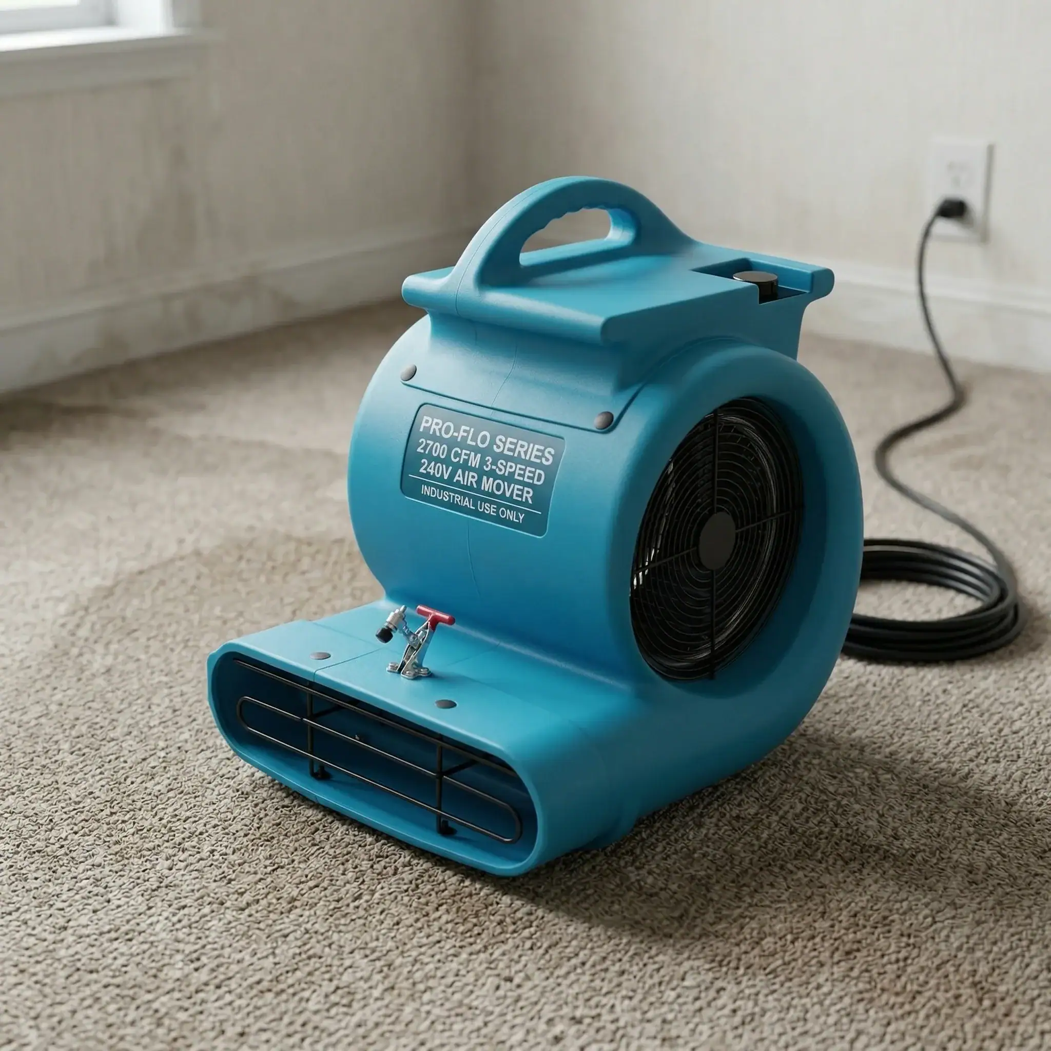 High Airflow Carpet Dryer Hire London | 2700 CFM 3 Speed Air Mover (240V) 2 Pro-Flo Series 2700 CFM 3-speed air mover for carpet restoration drying on a property floor