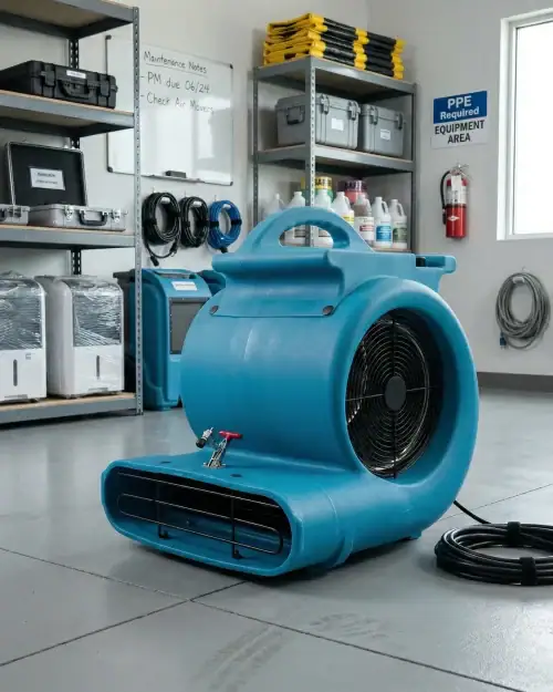 High Airflow Carpet Dryer Hire London | 2700 CFM 3 Speed Air Mover (240V) 13 Commercial carpet dryer air mover in an equipment storage area ready for hire and deployment