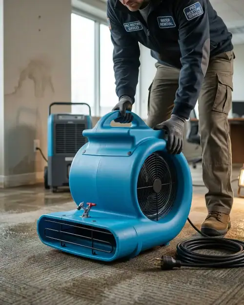 High Airflow Carpet Dryer Hire London | 2700 CFM 3 Speed Air Mover (240V) 14 Worker carrying high airflow carpet dryer air mover through equipment room for property restoration hire
