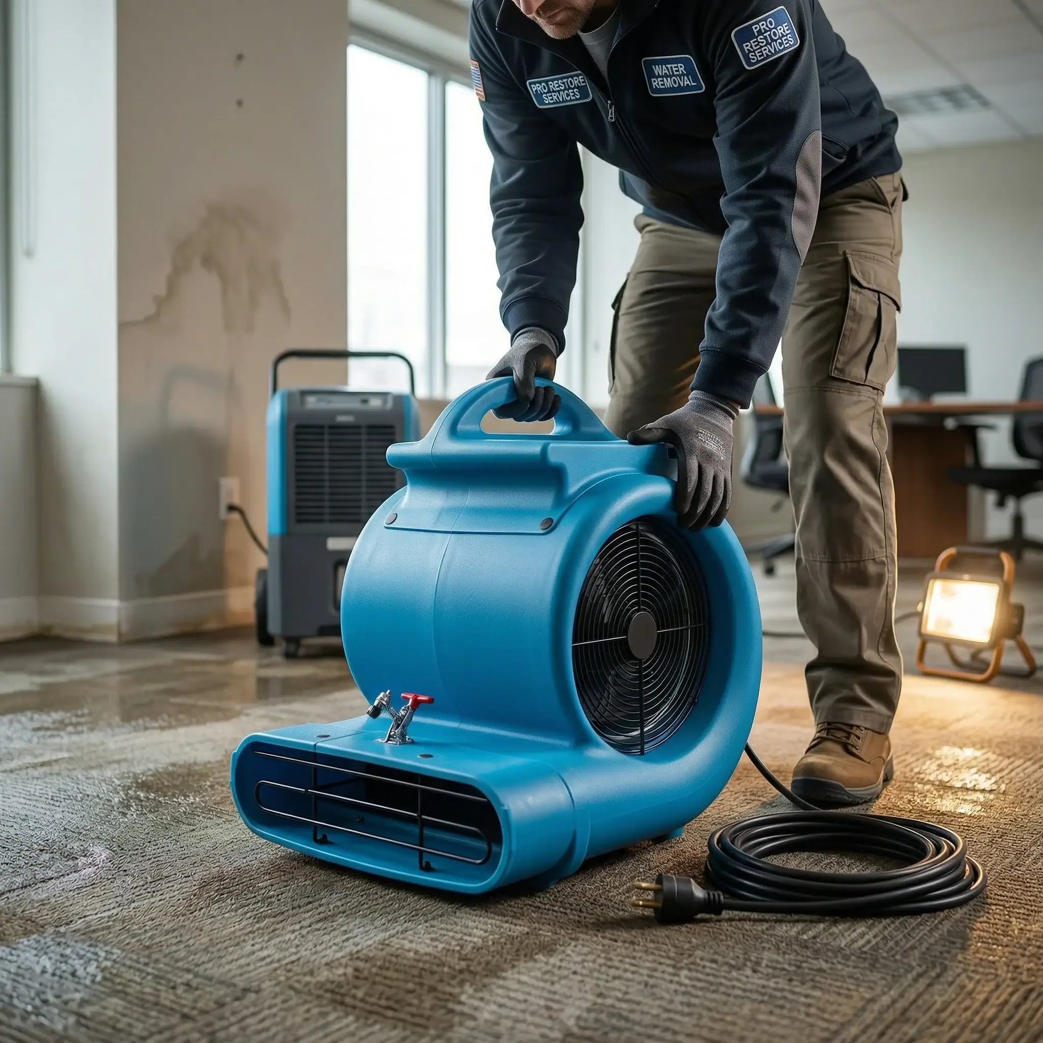 High Airflow Carpet Dryer Hire London | 2700 CFM 3 Speed Air Mover (240V) 4 Worker carrying high airflow carpet dryer air mover through equipment room for property restoration hire
