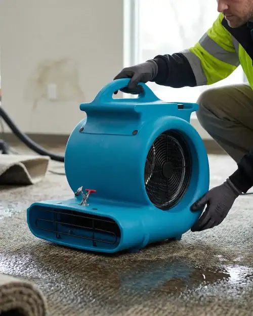 High Airflow Carpet Dryer Hire London | 2700 CFM 3 Speed Air Mover (240V) 15 Worker in hi-vis jacket positioning 2700 CFM carpet dryer air mover during flood recovery drying job
