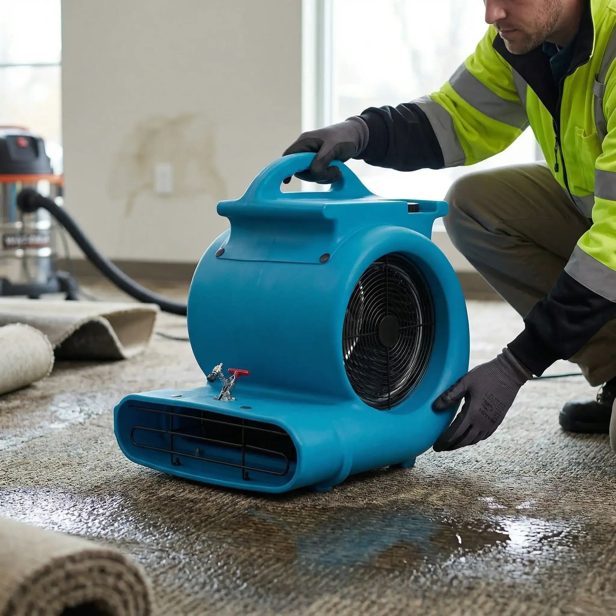 High Airflow Carpet Dryer Hire London | 2700 CFM 3 Speed Air Mover (240V) 5 Worker in hi-vis jacket positioning 2700 CFM carpet dryer air mover during flood recovery drying job