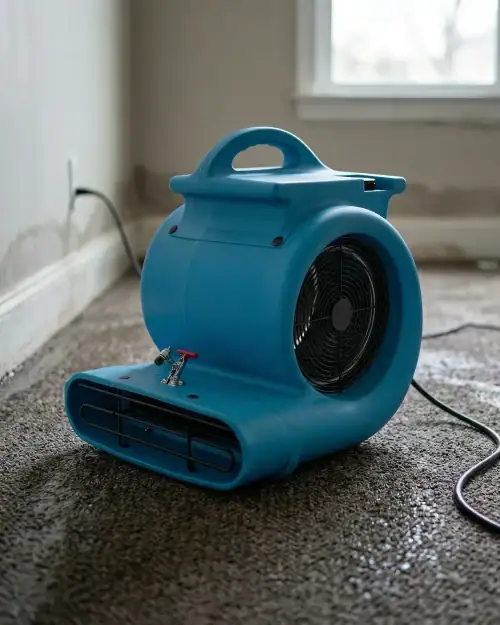 High Airflow Carpet Dryer Hire London | 2700 CFM 3 Speed Air Mover (240V) 16 Blue 2700 CFM high airflow carpet dryer positioned near wall for floor drying on hire site