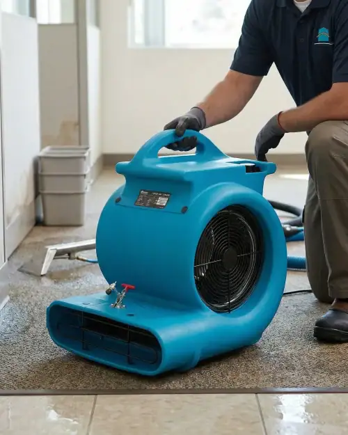 High airflow carpet dryer hire being positioned by worker for property drying after water damage