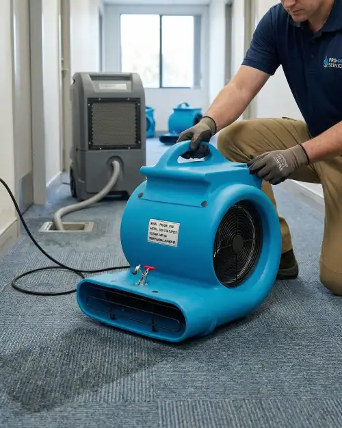 High Airflow Carpet Dryer Hire London | 2700 CFM 3 Speed Air Mover (240V) 18 Restoration technician adjusting 2700 CFM carpet dryer air mover plugged into 240V outlet on site
