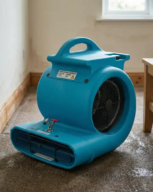 High Airflow Carpet Dryer Hire London | 2700 CFM 3 Speed Air Mover (240V) 19 Close-up of professional 2700 CFM 3-speed air mover drying hardwood floor in a residential room