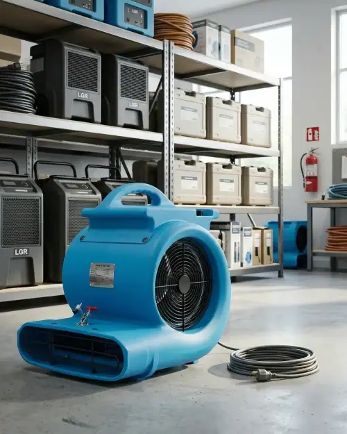 High Airflow Carpet Dryer Hire London | 2700 CFM 3 Speed Air Mover (240V) 20 Carpet dryer air movers and LGR dehumidifiers stored on warehouse shelving ready for hire delivery