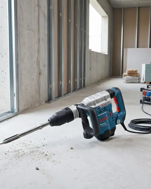 Light Breaker Hire London | DeWalt 110V SDS Max Demolition Hammer 8 110V light demolition hammer on interior construction site with transformer and site-safe power for renovation work