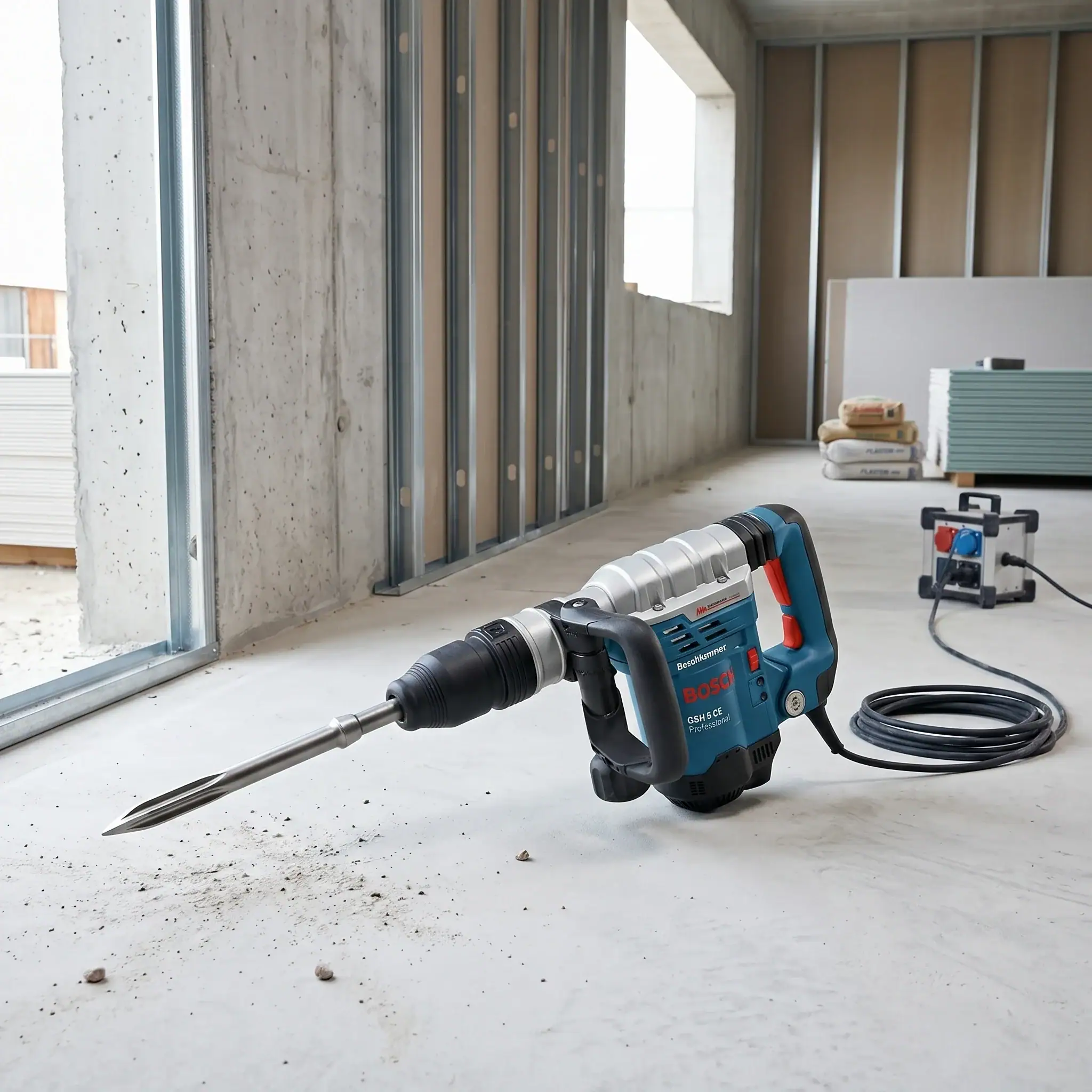 Light Breaker Hire London | DeWalt 110V SDS Max Demolition Hammer 3 110V light demolition hammer on interior construction site with transformer and site-safe power for renovation work
