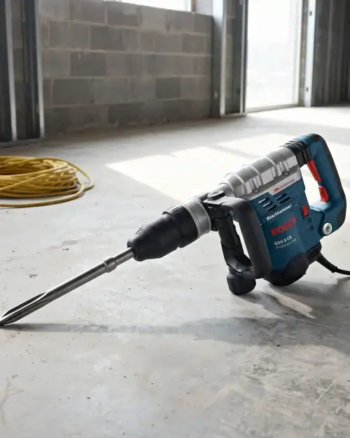 Light Breaker Hire London | DeWalt 110V SDS Max Demolition Hammer 9 SDS Max light breaker hire with chisel point on concrete floor ready for lightweight demolition work on building site