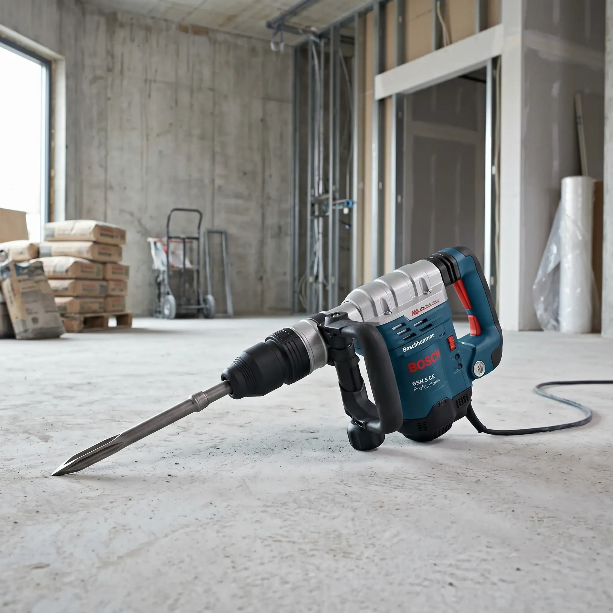 Light Breaker Hire London | DeWalt 110V SDS Max Demolition Hammer 5 Bosch GSH 5 CE Professional light demolition hammer full product view with flat chisel on construction site floor